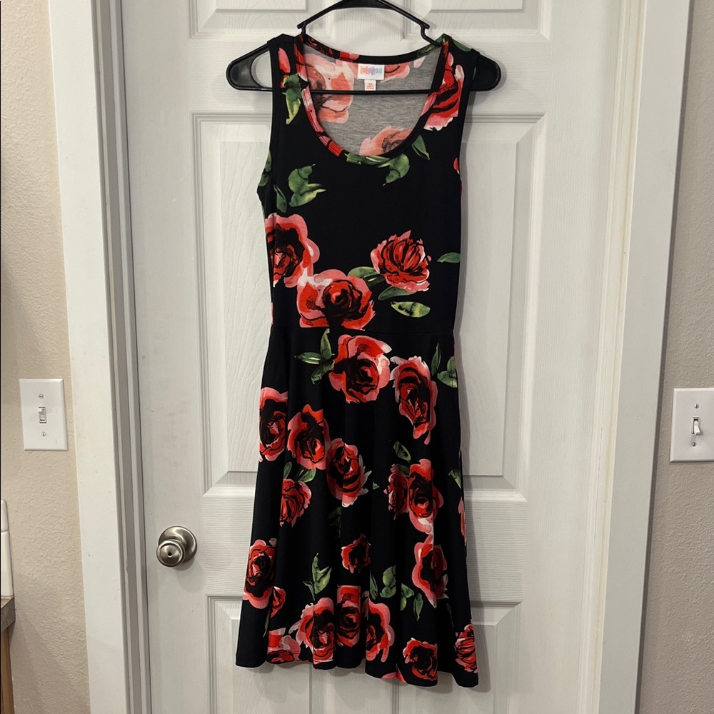 LuLaRoe Black Midi Dress with Red Floral Pattern
